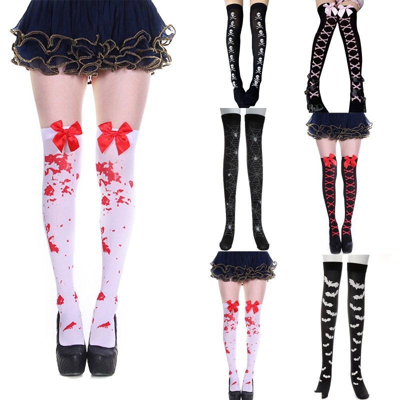 Tất Dài Qua Gối Đính Nơ Họa Tiết Mạng Nhện Máu Dơi Phong Cách Gothic Punk Hóa Trang Halloween Cho Nữ