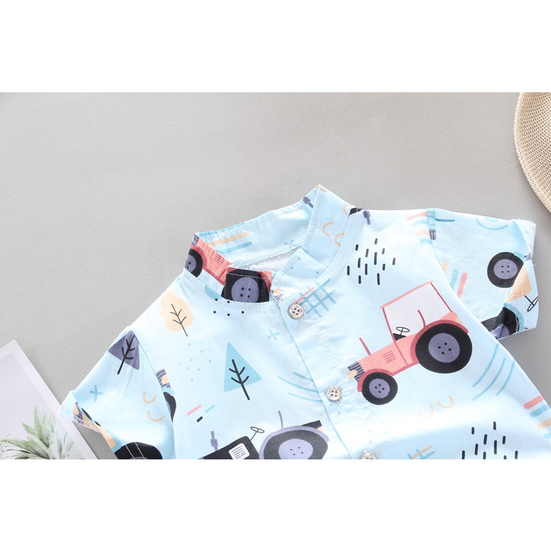 Áo sơ mi tay ngắn + quần ngắn họa tiết xe hơi hoạt hình thời trang cho bé trai từ 0-4 tuổi