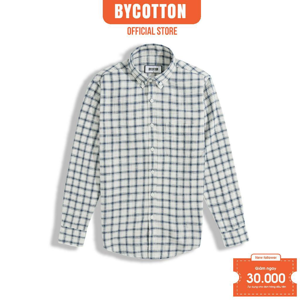 Áo Sơ Mi Nam Dài Tay Phối Sọc BY COTTON Checked White Blue Shirt
