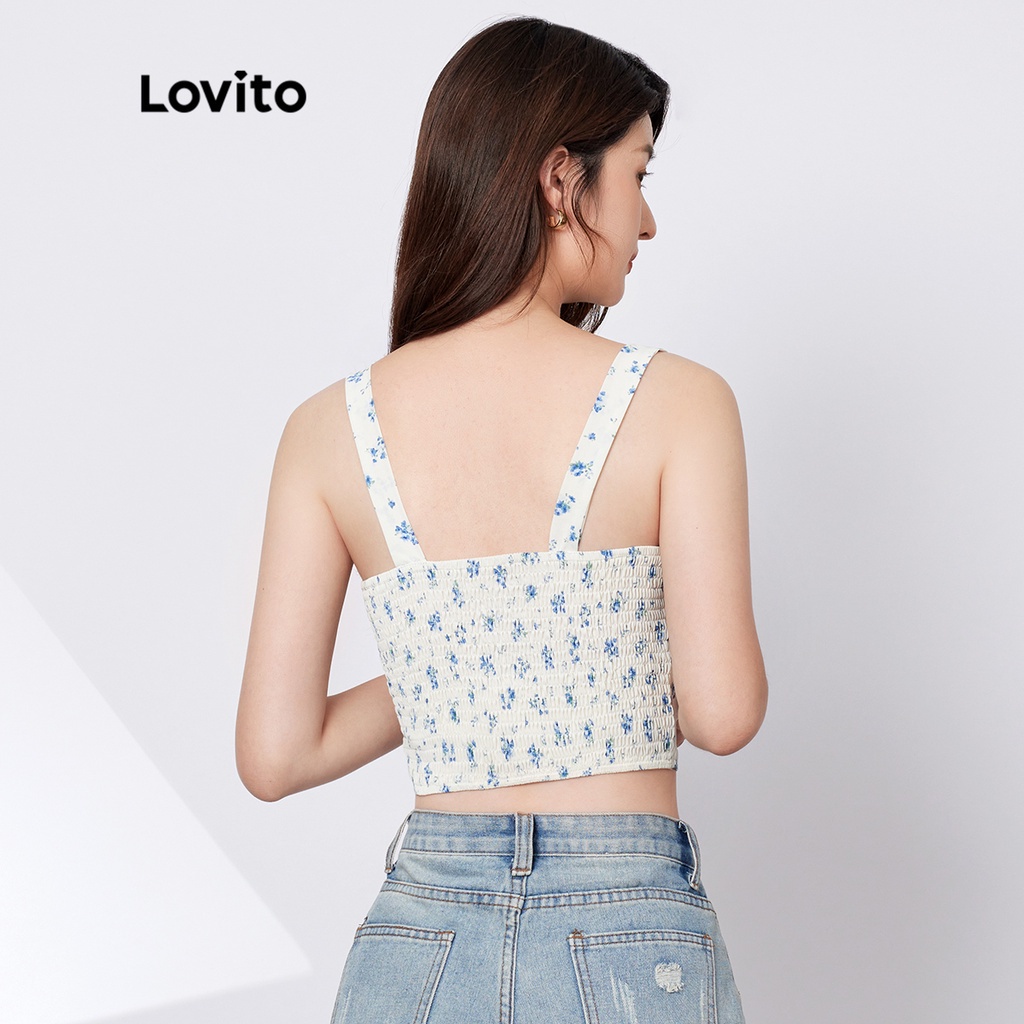 Áo không tay Lovito phong cách thường ngày vải hoa cổ vuông dạng ngắn L29ED003 (màu trắng ngà)