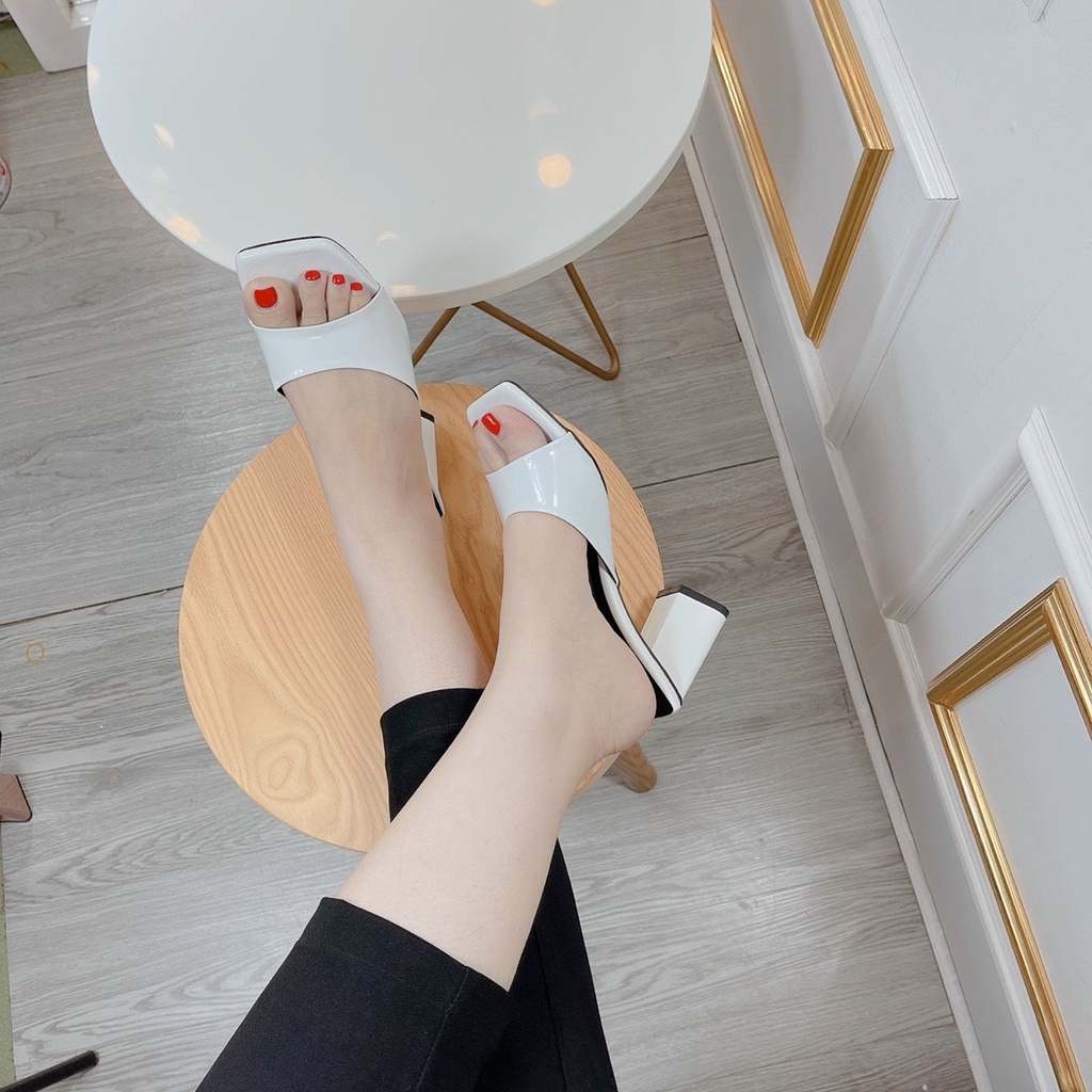 Dép guốc 7P Gót trụ Mũi vuông Da bóng Êm Cao Cấp