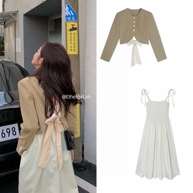 Áo khoác croptop / đầm midi chữ A không tay thắt nơ dáng rộng phong cách mùa thu Hàn Quốc cho nữ