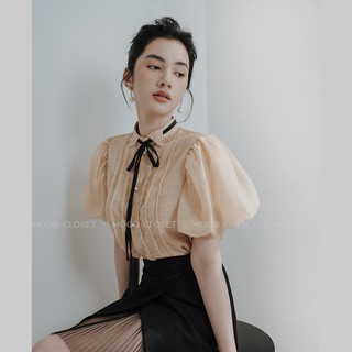 Áo sơ mi nữ tay bồng mood 003 - sơ mi tơ oganza cao cấp dài tay có dây buộc nơ