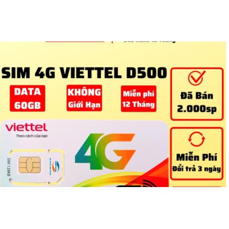 Sim 4G Viettel D500 Trọn Gói 1 Năm, Mỗi Tháng có 4GB DATA tốc độ cao, Không Cần Nạp Tiền Hàng Tháng