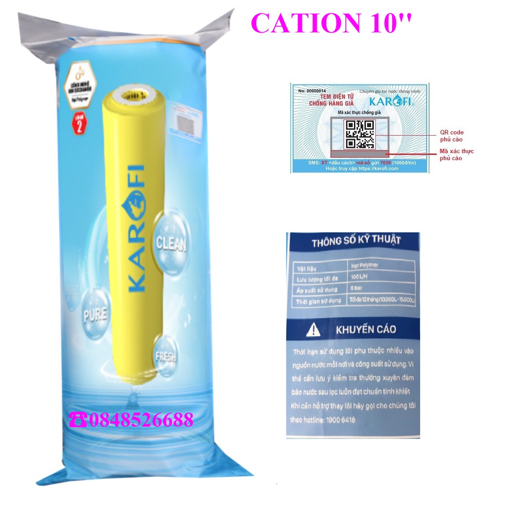 Bộ 3 lõi lọc 123 Karofi xử lý nước cứng - Lõi số 2 Cation 10''