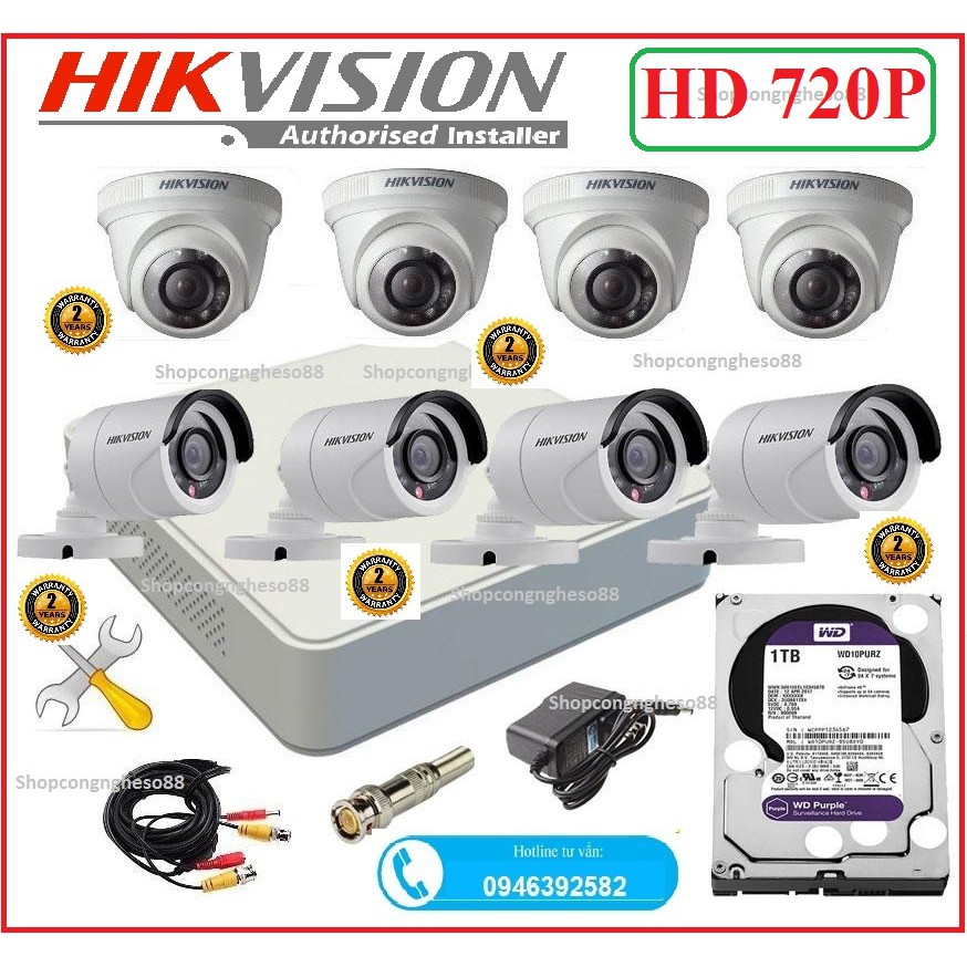 Combo 1 đầu ghi 8 kênh +8 Camera Hikvision HD + full phụ kiện