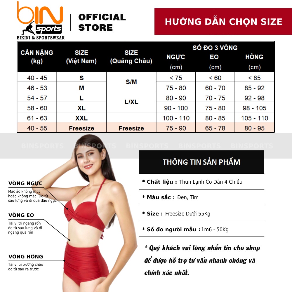 Bikini Nữ Hai Mảnh Bẹt Vai Cạp Cao Freesize Bin Sports BHV048