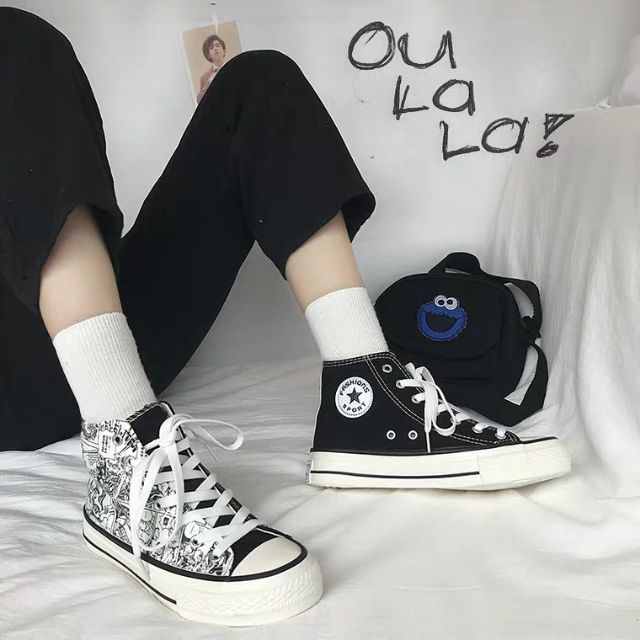 Giày nữ CỔ CAO vua hải tặc ONE PIECE phản quang in truyện tranh 2 màu đơn giản trắng/đen cá tính vải mềm