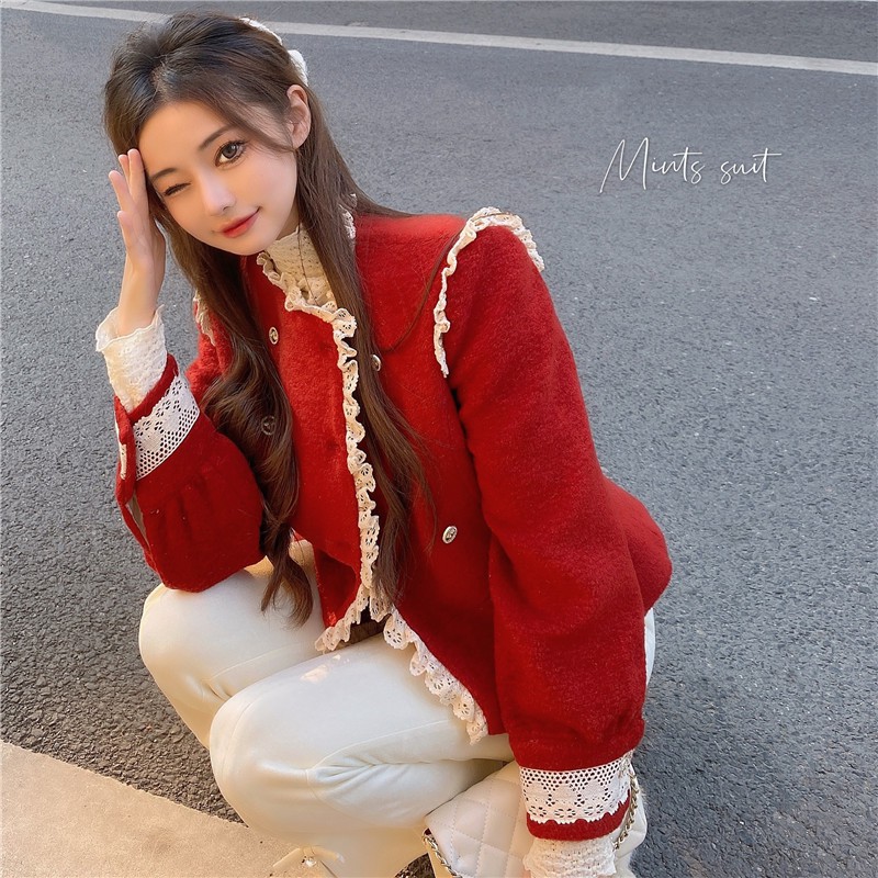 ] Áo dạ đỏ viền ren tay bồng giáng sinh tiểu thư sang chảnh Ulzzang A126