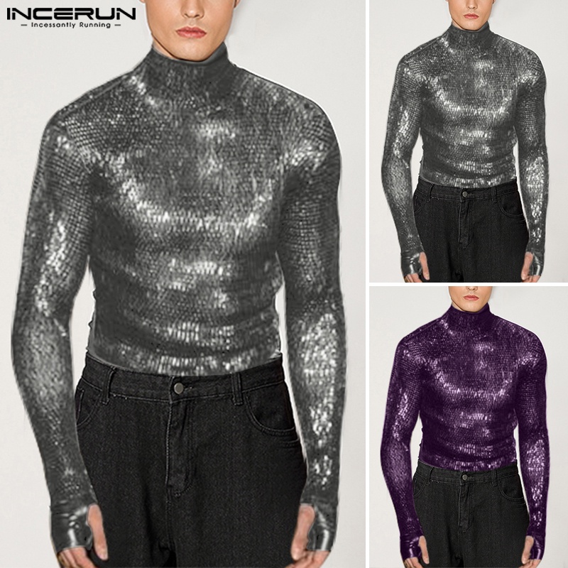 Áo thun INCERUN tay dài cổ lọc màu bạc/tím phong cách mùa thu thời trang sành điệu cho nam