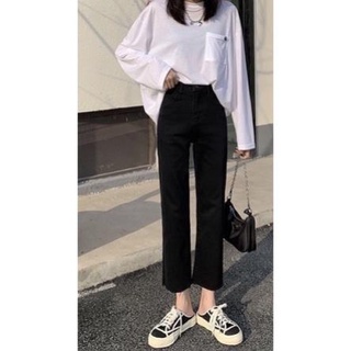 Quần jeans đen trơn phom basic ống đứng cạp cao hack chân cực thon dài
