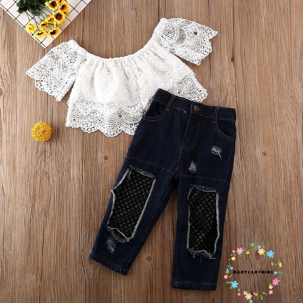 Set áo ngắn tay cổ tròn + Quần jeans dài thời trang cho bé gái