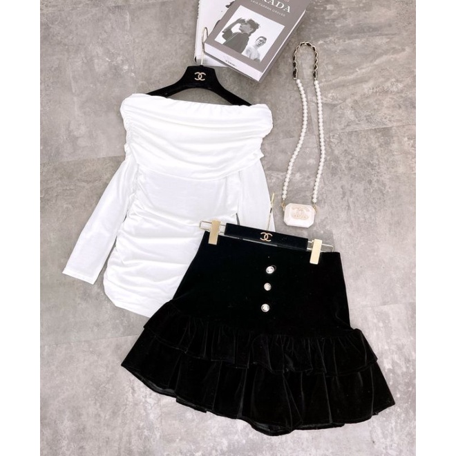 Set váy nữ xinh Áo trễ vai phối váy đuôi cá nhung đẹp.Set đồ ấm áp,dễ thương.Thời trang mùa đông cao cấp