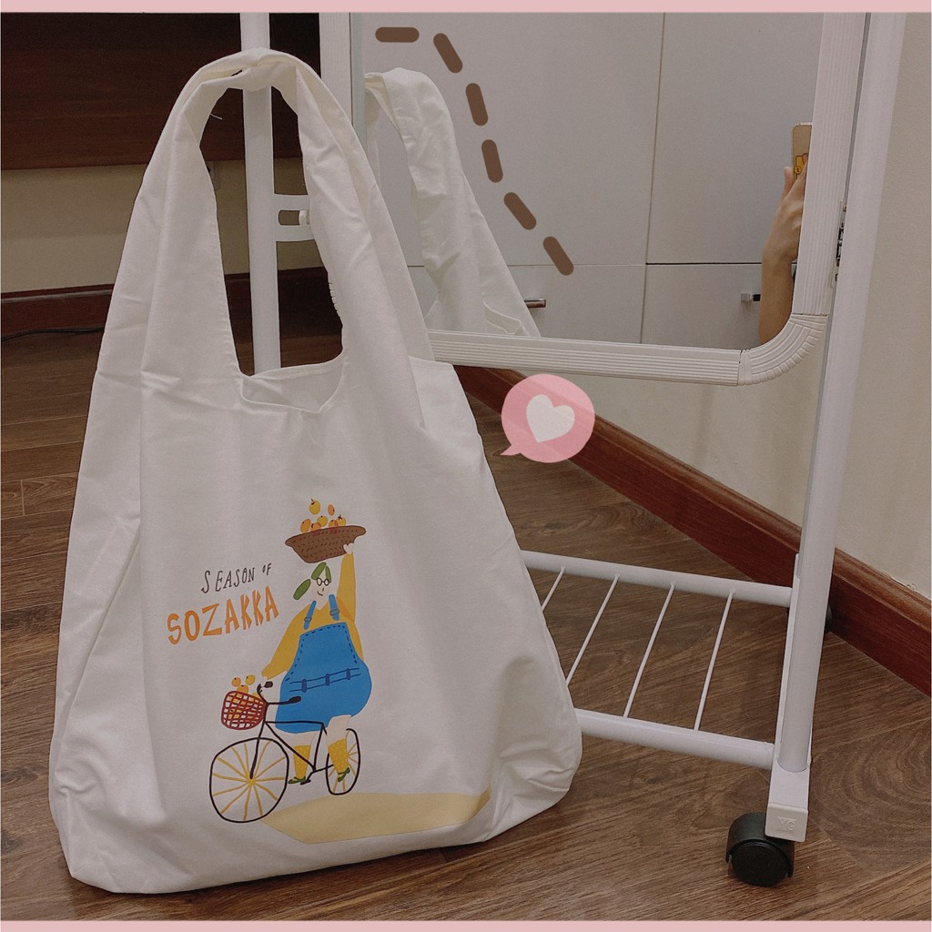 T121/Túi Vải Tote Đeo Vai Phong Cách Nhật Bản Sozakka Vải Cotton Trắng Mịn