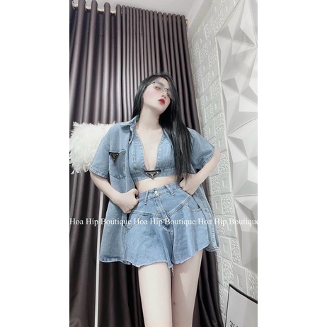 Set áo bra jean+ áo khoác sơ mi jean! (ảnh thật phía sau)