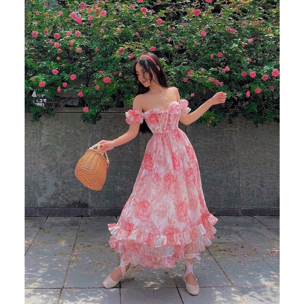 Váy hoa nhí cup ngực cổ vuông trễ vai Vintage đầm dự tiệc cưới xinh đẹp dễ thương cá tính XUKA DRESS DT041