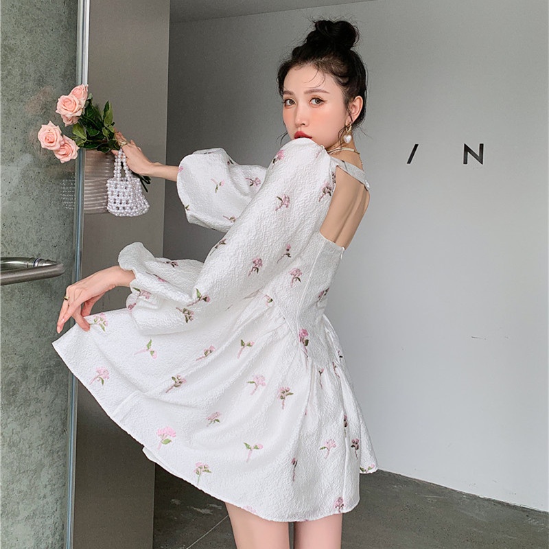 Đầm Tay Phồng Cổ Vuông Thời Trang Mùa Hè Phong Cách Retro Dễ Phối Đồ