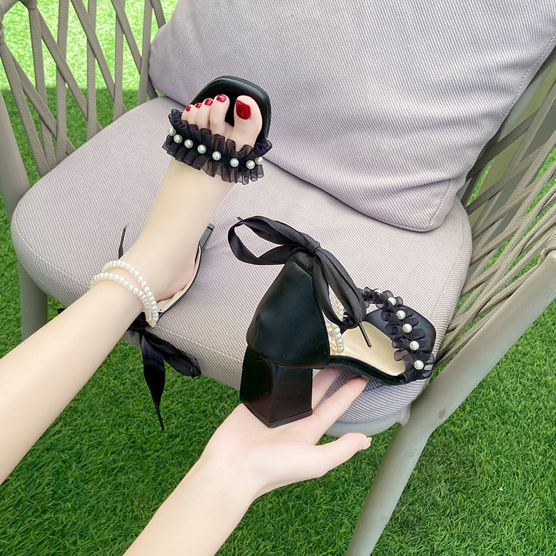 Hàng Có Sẵn Giày Sandal Cao Gót Đế Dày Mùa Hè Cột Dây Nơ Phong Cách Pháp Cho Nữ