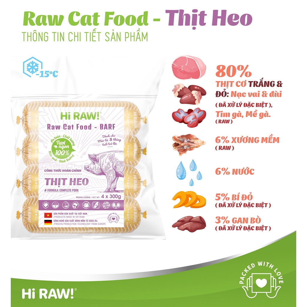 Hi Raw - Thịt tươi sống cho mèo - chế độ ăn hoàn chỉnh - pack 1,2kg 4 thanh 300gr