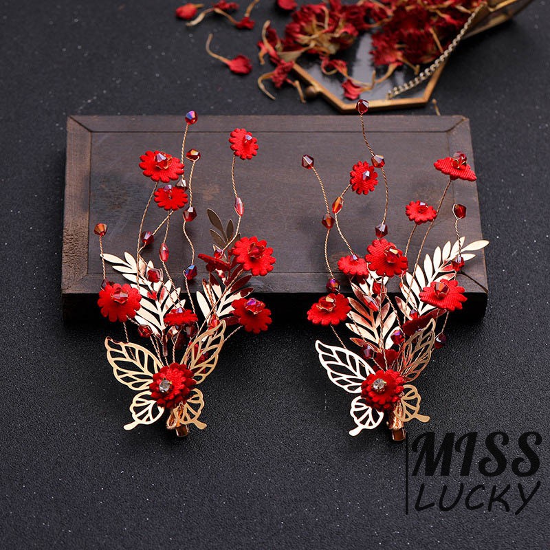 Cài tóc hình hoa màu đỏ đính ngọc trai cho nữ