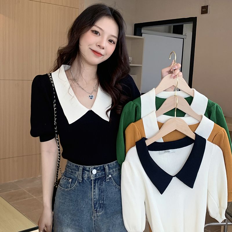 Áo polo Dệt Kim Ngắn Tay Màu Tương Phản Phong Cách Hàn Quốc Cho Nữ JL-TX-510