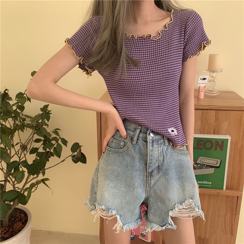 AMOI Áo Thun Tay Ngắn Họa Tiết Sọc Thời Trang Phong Cách Hàn Quốc Cho Nữ