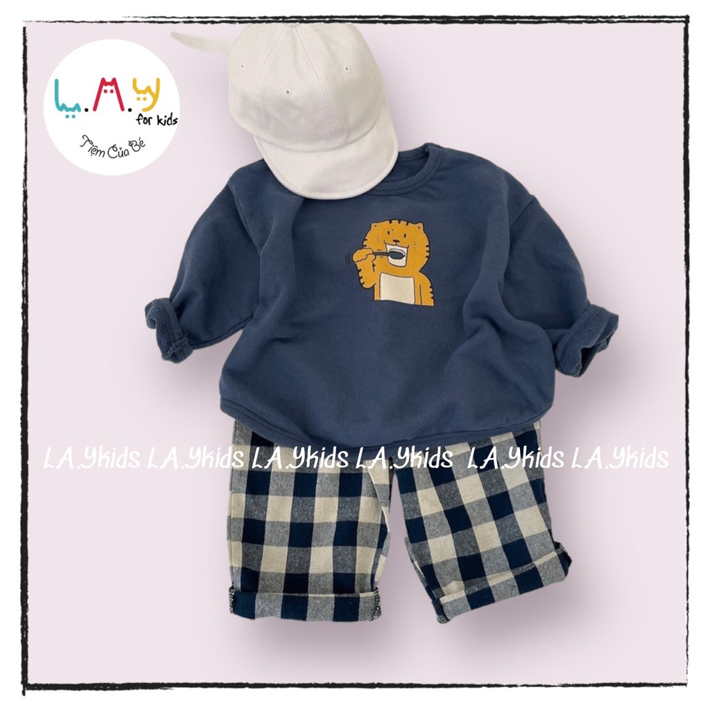 Set Áo Bo Gấu In Hình Hổ Cún Gấu Đánh Răng Quần Kẻ Caro Mix Nâu Xanh Đen L.A.Y kids