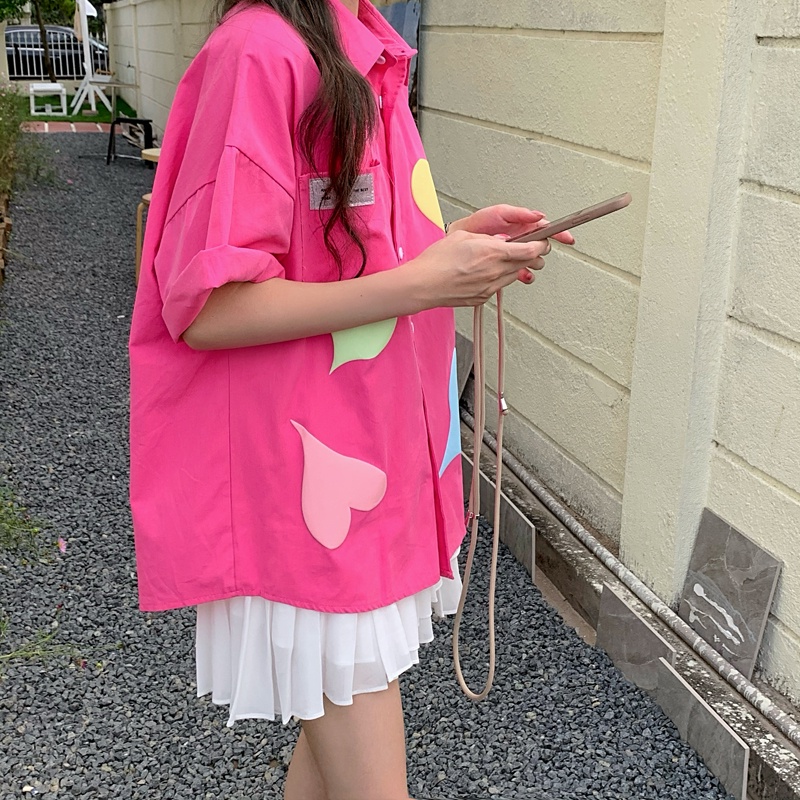 SUXI Áo Sơ Mi Nữ Tay Ngắn Dáng Rộng In Hình Trái Tim Phong Cách Retro