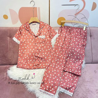 Bộ Pijama lụa giấy NOHK cao cấp mặc nhà cộc tay quần dài họa tiết hoa nhí phối ren