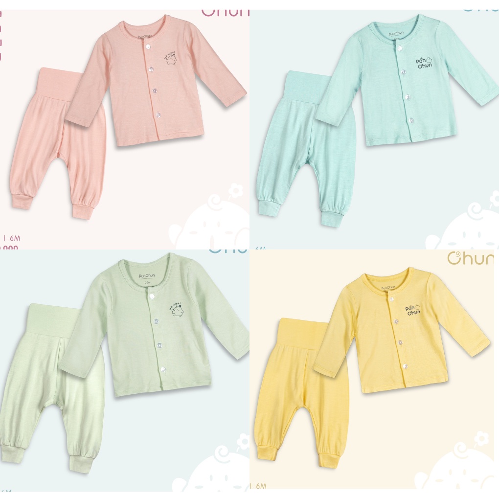 Bộ Quần Áo Dài Punchun Quần Cạp Cao Màu Paster - Quần Áo Sơ Sinh, Bé Trai, Bé Gái, Newborn