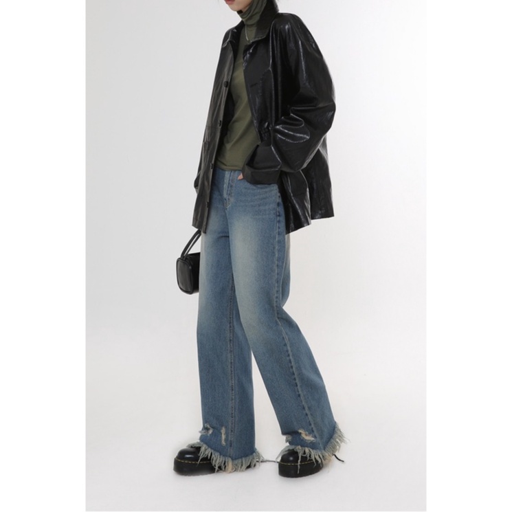 Quần jean nữ ZHELIHANGFEI ống rộng cạp cao thiết kế rách cá tính