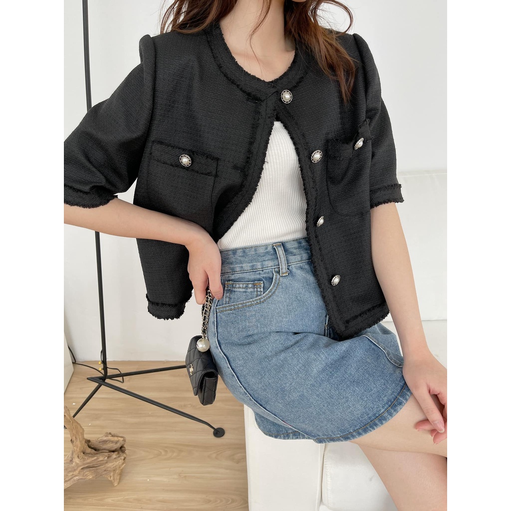 Blazer tweed cúc ngọc ngắn tay Hàn Quốc