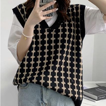 SUXI Áo Dệt Kim Sát Nách Dáng Rộng Cổ Chữ V Thời Trang Hàn Quốc Dễ Phối Đồ Cho Nữ