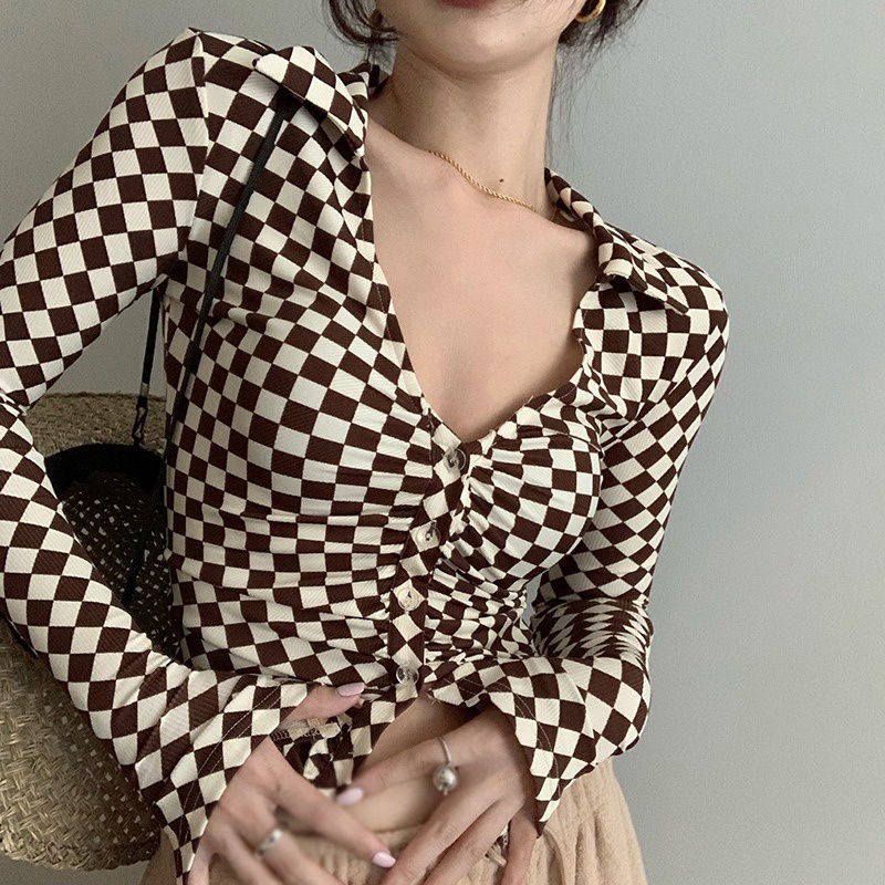 Áo Croptop Tay Dài Cổ Chữ V Họa Tiết Kẻ Sọc Thời Trang Hàn Quốc Cho Nữ