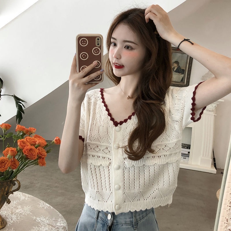 Áo Cardigan Dệt Kim Tay Ngắn Khoét Lỗ Màu Sắc Tương Phản Phong Cách Nhật Bản