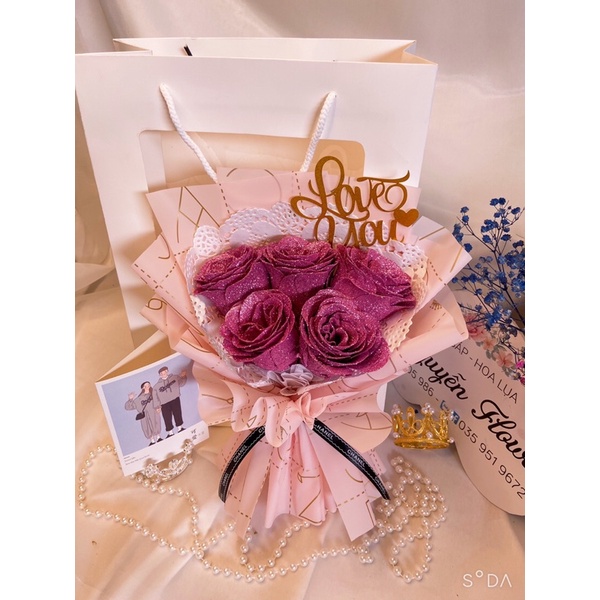 [HOA SINH NHẬT -QUÀ 8/3 ]-Set Hoa sáp nhũ 5 bông tặng kèm túi và thiệp | BigBuy360 - bigbuy360.vn