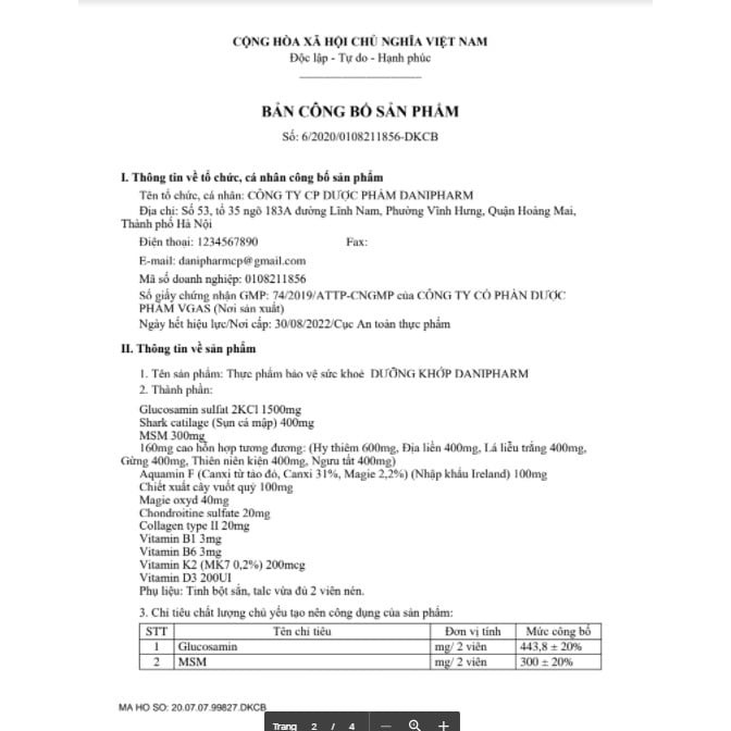 Bộ sản phẩm Dưỡng Khớp DANIPHARM (30 viên), kèm Xịt Giảm Đau Bách Phục Linh lọ 50ml