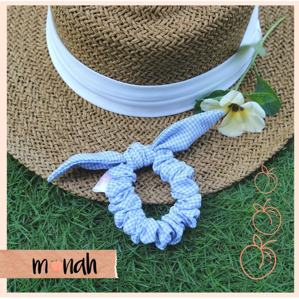 Dây buộc tóc, cột tóc scrunchie thắt nơ tai thỏ caro xanh biển trẻ trung