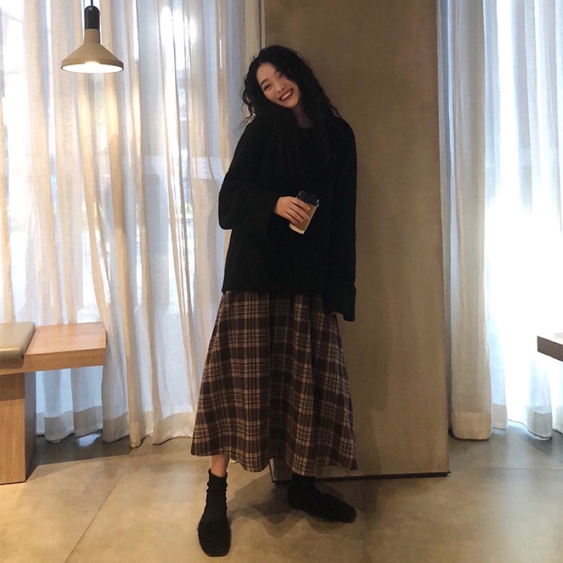 Chân Váy Dài Nữ Ulzzang Kẻ Caro Dáng Xòe Phong Cách Vintage Hàn Quốc Siêu Xinh