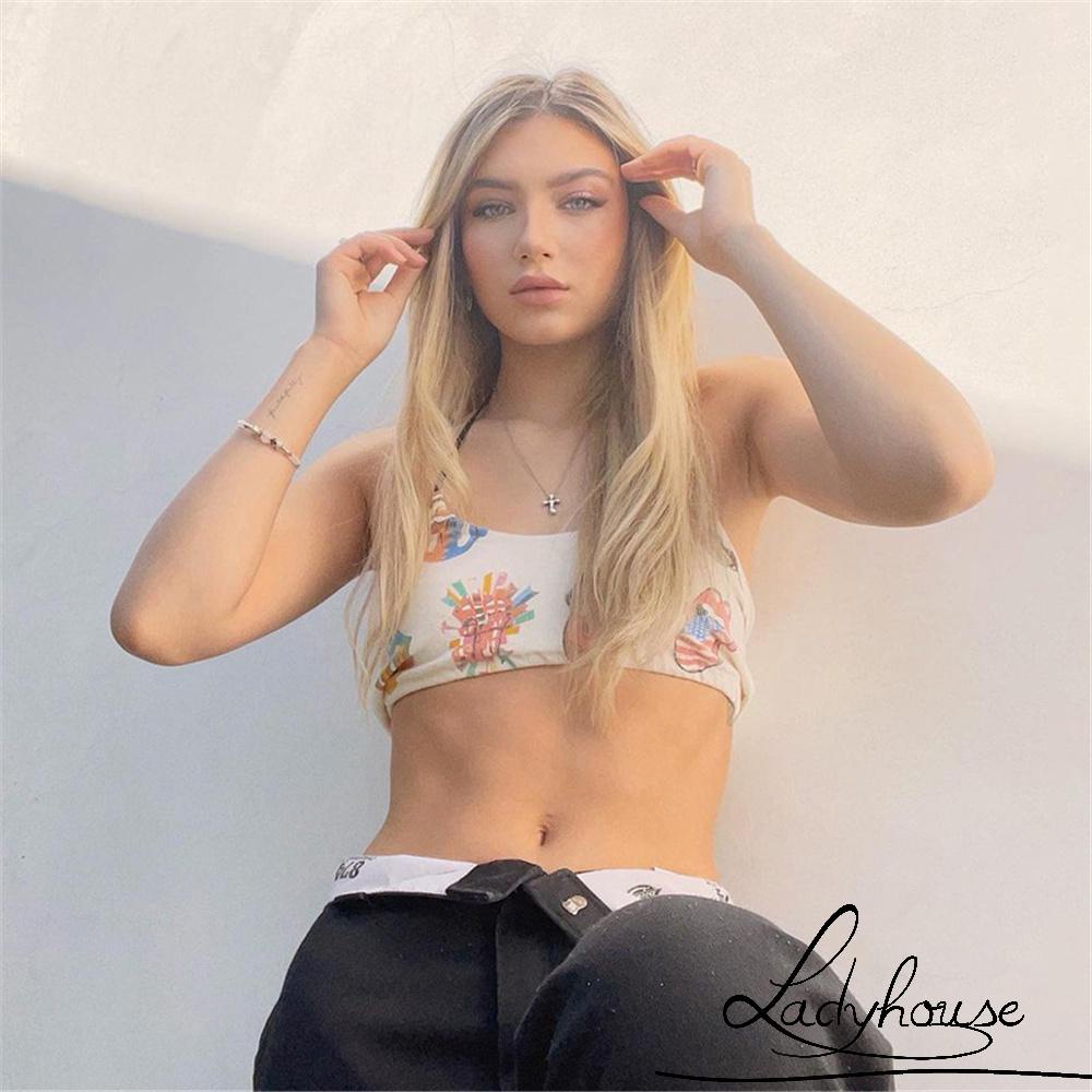 Áo Croptop Hai Dây Hở Lưng Dáng Ôm In Họa Tiết Thời Trang Cho Nữ