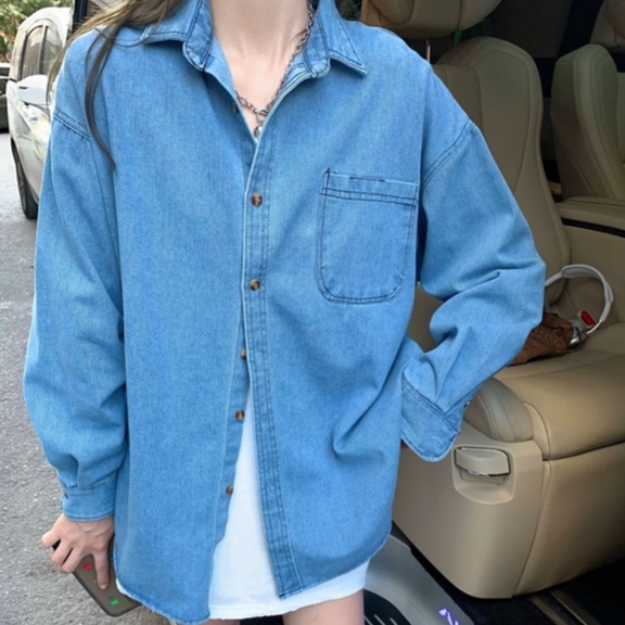 ZHELIHANGFEI Áo Sơ Mi Denim Tay Dài Form Rộng Theo Phong Cách Preppy Dễ Phối Đồ