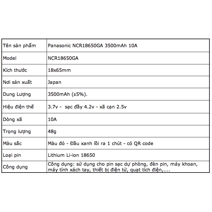 [P61] Pin sạc 18650 Panasonic NCR18650GA Dung lượng 3500mah xã 10A chuẩn nhập khẩu, Pin thị trường Japan, đầu pin lồi ra