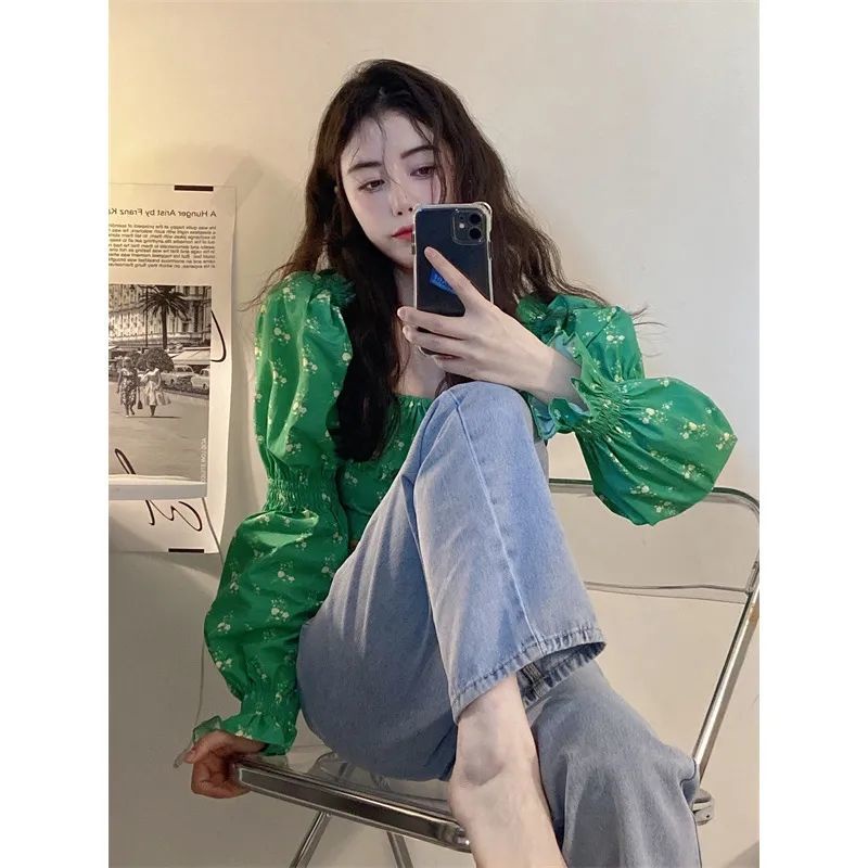 Áo babydoll Áo Sơ Mi Tay Dài Phồng Cổ Vuông Dáng Ôm In Họa Tiết Hoa Lá Thời Trang Xuân Hè 2022 Mới Mẻ Cho Bạn Gái