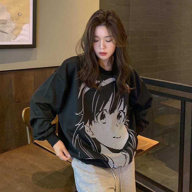 SUXI Áo Sweater Thể Thao Tay Dài Dáng Rộng In Họa Tiết Trẻ Trung Phong Cách Hàn Quốc Hợp Thời Trang Cho Bạn Gái