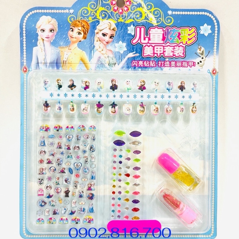 Vỉ đồ chơi trang điểm làm móng làm nails sticker 3D nổi dán móng tay cho bé gái hình Elsa-babie-Kitty-Pony-sofia-Ariel