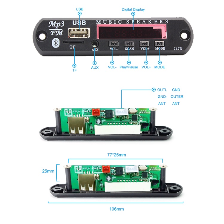 Bảng Mạch Giải Mã Âm Thanh 5V 12V Bluetooth 5.0 MP3 WMA USB TF FM Radio Màn Hình Màu Cho Xe Hơi