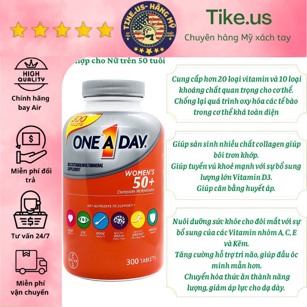 Viên Uống Vitamin Tổng Hợp One a Day Women's 50+ 300 Viên , Bổ Sung Vitamin Mỹ Dành Cho Phụ Nữ Trung Niên 50 Tuổi