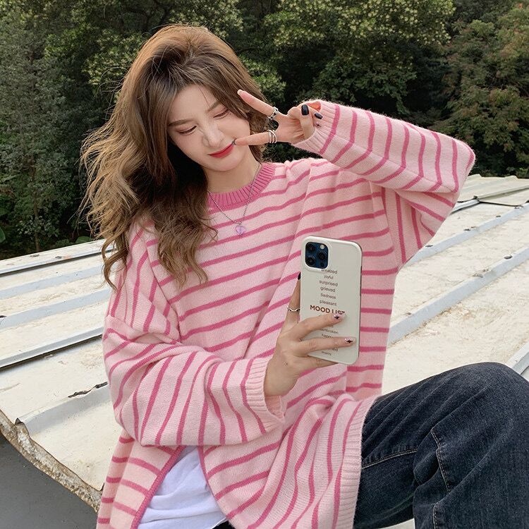 Áo len ZHELIHANGFEI dáng rộng họa tiết sọc thời trang