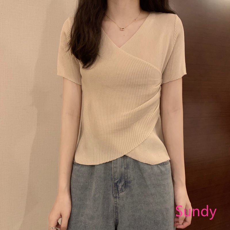 Áo Dệt Kim Ngắn Tay Vạt Chéo Thời Trang Mùa Hè Cho Nữ