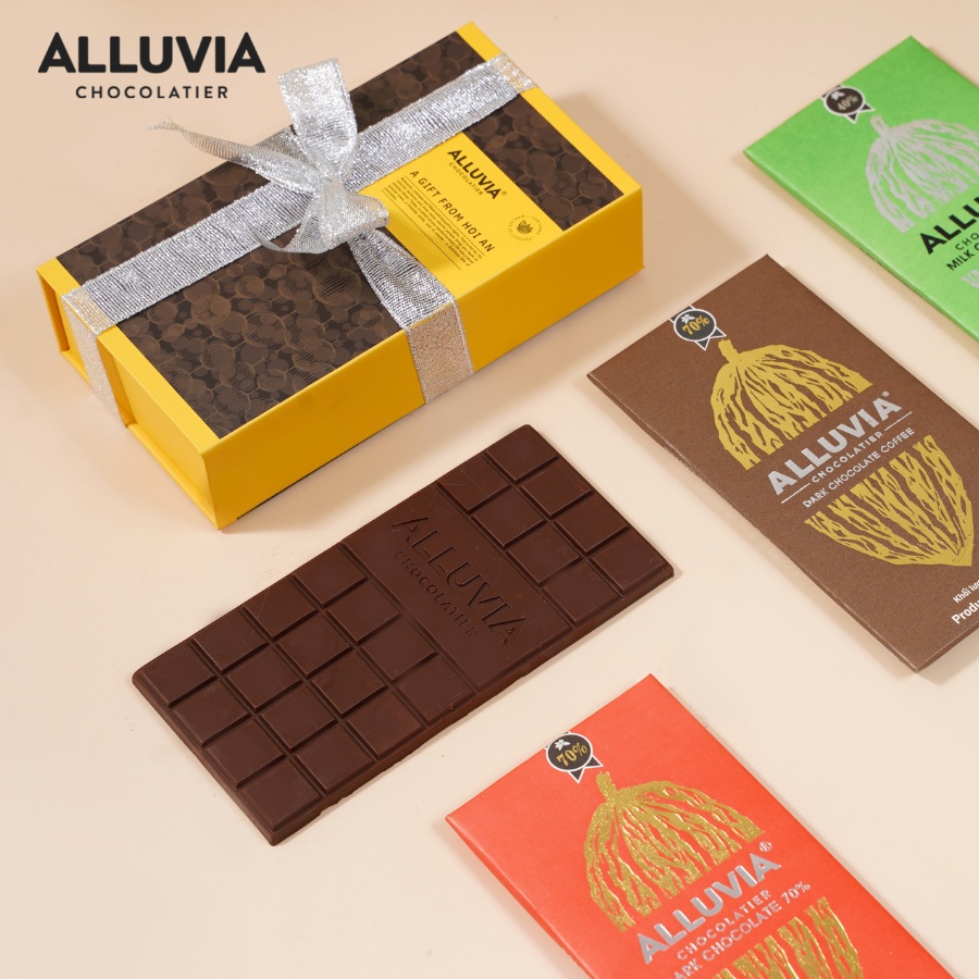 Hộp quà tặng chocolate &quot;Hội An&quot; vàng Alluvia Chocolate gồm 3-4 thanh socola 80 gram